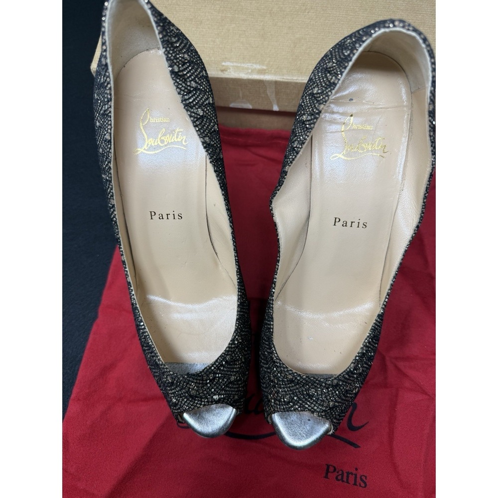 Christian Louboutin Black Lace Glitter Peep Toe Heels Red Bottom Pumps EU 39 - Picture 3 of 10